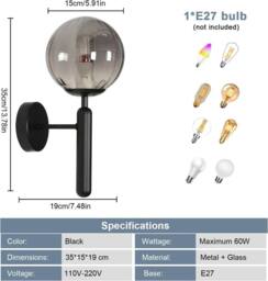 Goeco Wall Light Indoor, Modern E27 Wall Sconce with Globe Glass Ball in Black - thumbnail 5