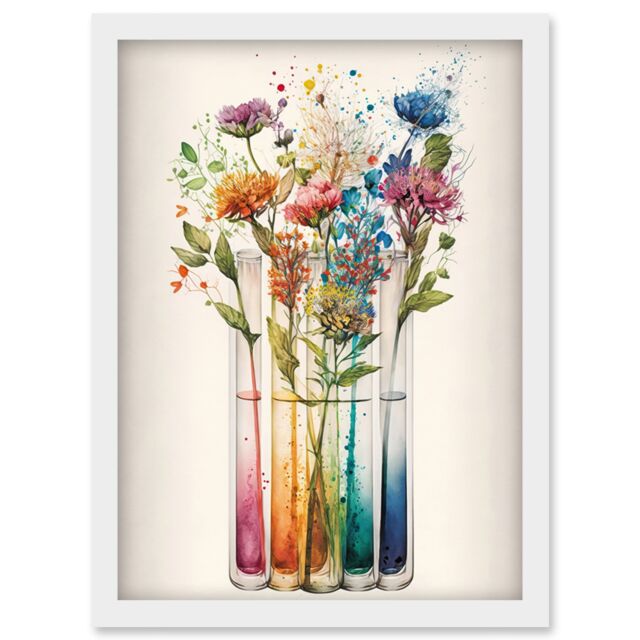 Artery8 Wildflower Glass Test Tubes Rainbow Colour Water Artwork Framed Wall Art Print A4 in White - image 1
