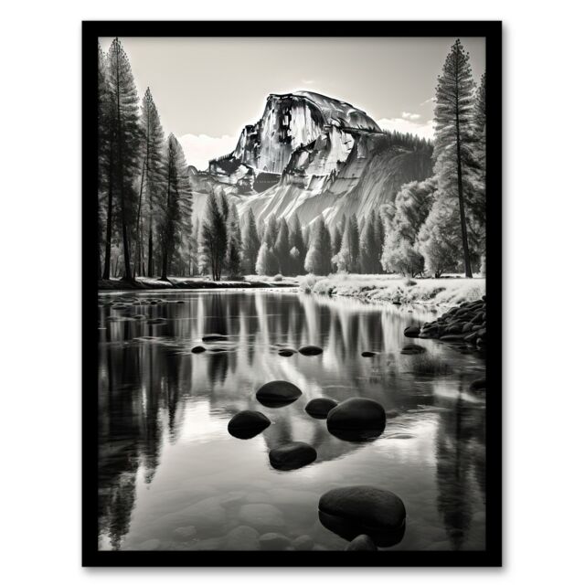 "Artery8 Wall Art Print Majestic Yosemite Valley Iconic Half Dome Black & White Photo Photography Art Framed - Size: W12"" x H16""" - image 1