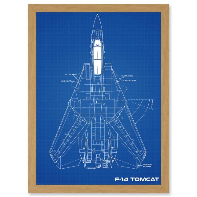 Artery8 Grumman F-14 Tomcat US Airforce Fighter Plane Aircraft Blueprint Plan Artwork Framed Wall Art Print A4 in Light Oak - image 1