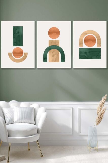 ARTZE Set of 3 White Framed Mid Century Graphical Shapes in Green Yellow Orange Wall Art - Size: W33 cm x H45 cm x D20mm - image 1