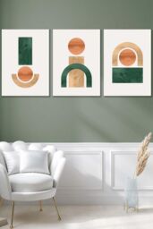 ARTZE Set of 3 White Framed Mid Century Graphical Shapes in Green Yellow Orange Wall Art - Size: W33 cm x H45 cm x D20mm - thumbnail 1