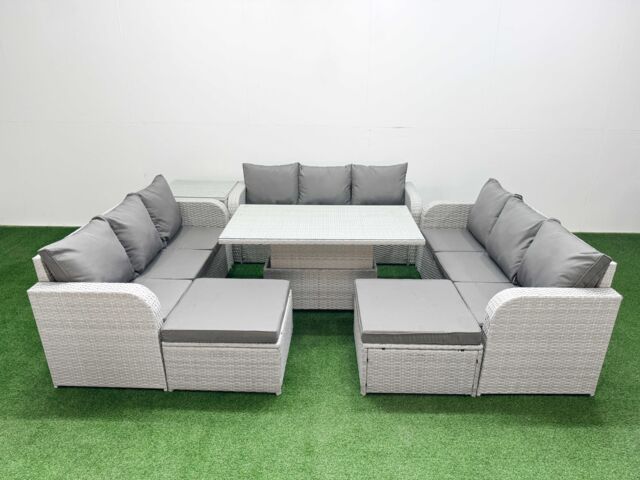 Fimous PE Rattan Lounge Sofa Set 11 Seater Outdoor Garden Furniture Set w/ Adjustable Lifting Dining or Coffee Table 3 Seater Sofa 2 Big Footstools - image 1