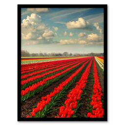 Artery8 Tulip Fields Blue Sky Painting Holland Modern Framed Art Print in Red - Size: A4 - thumbnail 1