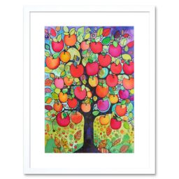 "Artery8 Wall Art Print Apple Tree Folk Art Bright Watercolour Painting Artwork Framed 9X7 Inch in White - Size: W7"" x H9""" - thumbnail 1