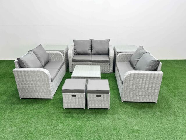Fimous 8 Seater PE Wicker Rattan Furniture Sofa Sets with Square Coffee Table 2 Seater Love Sofa 2 Stool 2 Side Table Light Grey - image 1
