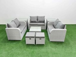 Fimous 8 Seater PE Wicker Rattan Furniture Sofa Sets with Square Coffee Table 2 Seater Love Sofa 2 Stool 2 Side Table Light Grey - thumbnail 2