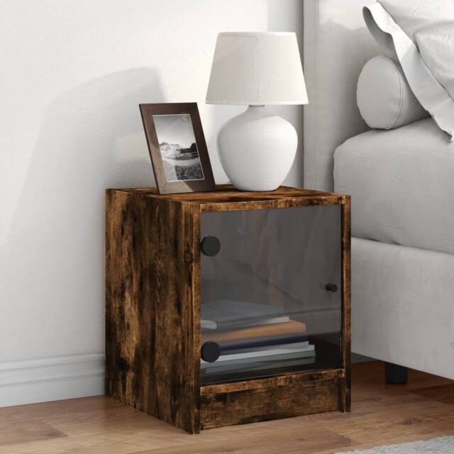 Berkfield Home Elegant Bedside Cabinet with Glass Door Smoked Oak 35x37x42 cm in Brown - Size: 35 x 37 x 42 cm - image 1