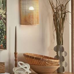 Wyld and Coco Wall Lamp Natural Rattan 25cm Half Drum Shade Boho Rustic - thumbnail 1