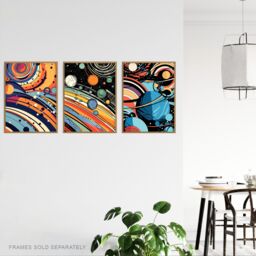 Artery8 Set of 3 Space Cosmos Planets Abstract Comic Book Style Kids Bedroom Bright Orange & Blues Unframed Wall Art Living Room Poster Prints Pack - thumbnail 3