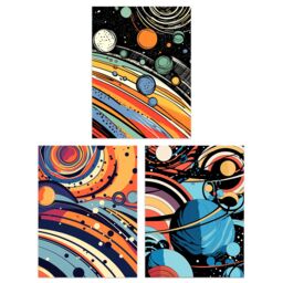 Artery8 Set of 3 Space Cosmos Planets Abstract Comic Book Style Kids Bedroom Bright Orange & Blues Unframed Wall Art Living Room Poster Prints Pack - thumbnail 1