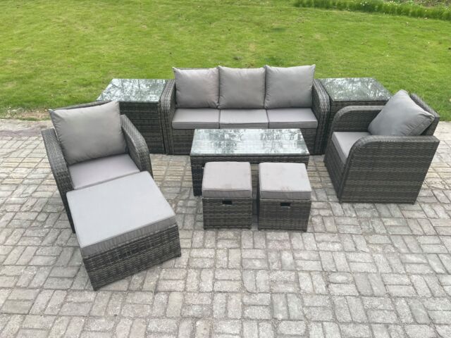 Fimous Rattan Garden Furniture Set with Rectangular Coffee Table 2 Side Tables 3 Footstools 8 Seater Patio Outdoor Lounge Sofa Set in Dark Grey - image 1