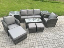 Fimous Rattan Garden Furniture Set with Rectangular Coffee Table 2 Side Tables 3 Footstools 8 Seater Patio Outdoor Lounge Sofa Set in Dark Grey - thumbnail 2