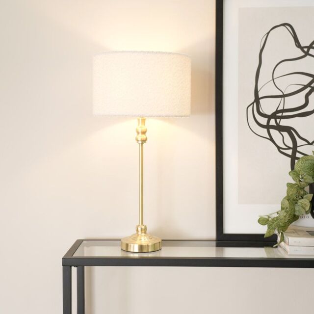 ValueLights Maggie Gold Candlestick Table Lamp with Cream Boucle Drum Shade & LED Bulb - image 1