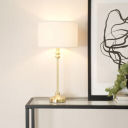 ValueLights Maggie Gold Candlestick Table Lamp with Cream Boucle Drum Shade & LED Bulb