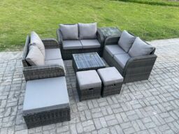 Fimous 9 Seater Outdoor Garden Furniture Sets Wicker Rattan Furniture Sofa Sets with Square Coffee Table Love seat Sofa 3 Footstools Side Table - thumbnail 2