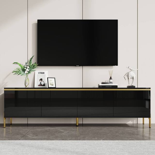 BTM High Gloss TV Stand 4 Doors Living Room Storage Cabinet Modern in Black - image 1