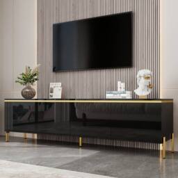 BTM High Gloss TV Stand 4 Doors Living Room Storage Cabinet Modern in Black - thumbnail 4