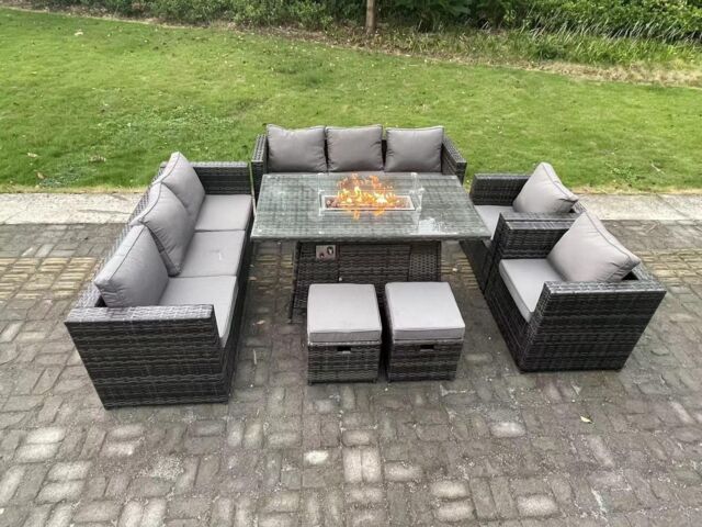 Fimous Rattan Gas Fire Pit Dining Table Sets Heater Lounge Chairs 10 Seater in Dark Grey - image 1