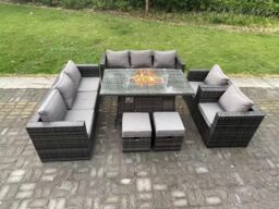 Fimous Rattan Gas Fire Pit Dining Table Sets Heater Lounge Chairs 10 Seater in Dark Grey - thumbnail 1