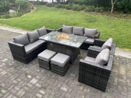 Fimous Rattan Gas Fire Pit Dining Table Sets Heater Lounge Chairs 10 Seater in Dark Grey - thumbnail 3