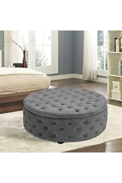 Living and Home 75cm W Tufted Round Cocktail Footstool in Grey - image 1
