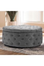 Living and Home 75cm W Tufted Round Cocktail Footstool in Grey - thumbnail 2