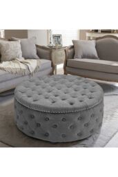 Living and Home 75cm W Tufted Round Cocktail Footstool in Grey - thumbnail 3