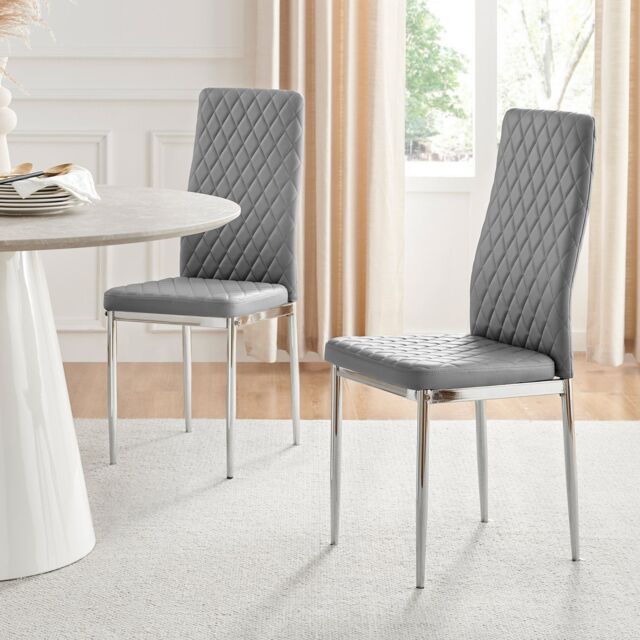 FurnitureboxUK Set of 4 Milan High Back Soft Touch Diamond Pattern Faux Leather Dining Chairs With Silver Chrome Metal Legs in Grey - image 1