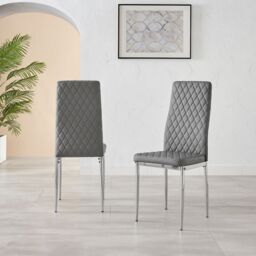 FurnitureboxUK Set of 4 Milan High Back Soft Touch Diamond Pattern Faux Leather Dining Chairs With Silver Chrome Metal Legs in Grey - thumbnail 2