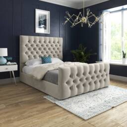 Casani Poulton Upholstered Beige Soft Velvet Designer Bed Frame in Cream - Size: Double - thumbnail 2
