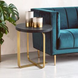 Orsina Round Black & Grey Side Table, Oak Veneer Top with Subtle Veining, Gold Stainless Steel Base, Accent Table