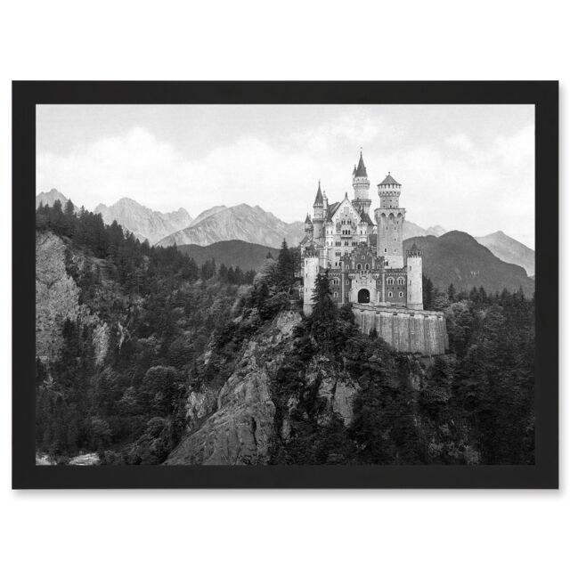 Artery8 Vintage Photo Neuschwanstein Castle Bavaria Germany A4 Artwork Framed Wall Art Print in Black - image 1