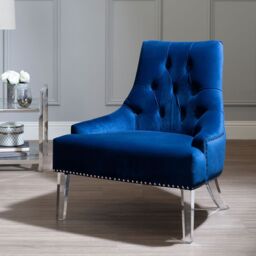 Orsina Button Tufted Blue Velvet Accent Chair, Contemporary Chair With Acrylic Legs, Blue Chair For Living Room