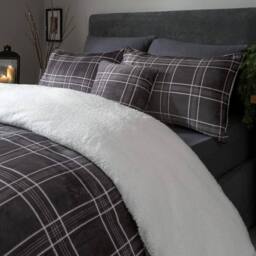 Smart Living Luxury Check Printed Flannel Fleece Duvet Cover with Pillowcases in Grey - Size: King - thumbnail 3