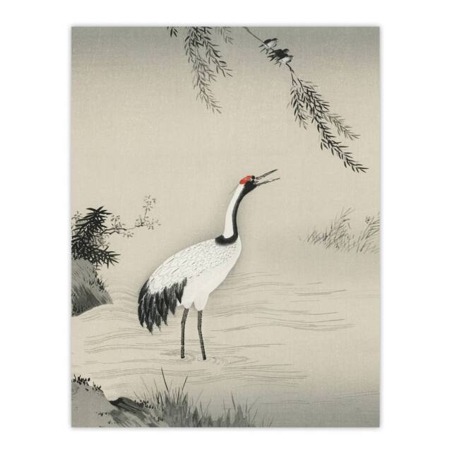 "Artery8 Japanese Crane & Swallows Motonobu Vintage Wall Art Print Poster in Green - Size: W18"" x H24""" - image 1