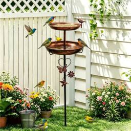 PAWNORA Metal Bird Bath Deep Birdbath Stand Water Bowl Double Trays in Brown - Size: 0.6m2 - thumbnail 5