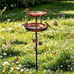 PAWNORA Metal Bird Bath Deep Birdbath Stand Water Bowl Double Trays in Brown - Size: 0.6m2 - thumbnail 1