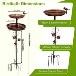 PAWNORA Metal Bird Bath Deep Birdbath Stand Water Bowl Double Trays in Brown - Size: 0.6m2 - thumbnail 2