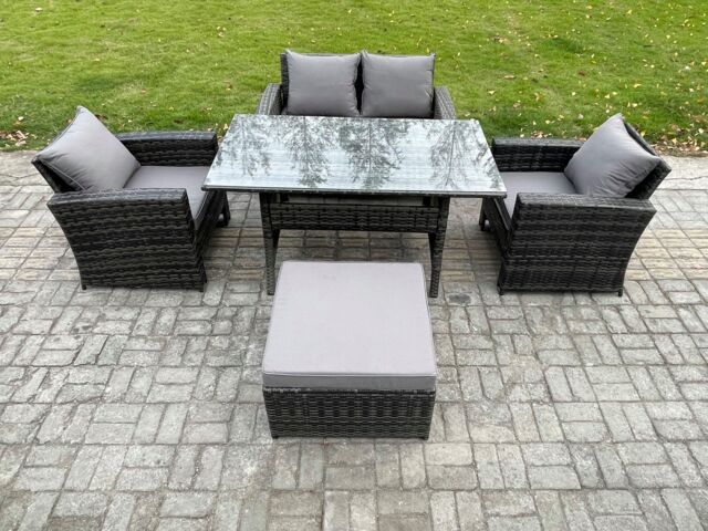 Fimous Wicker Outdoor Garden Furniture Set Patio Furniture Rattan Rectangular Dining Table Lounge Sofa Set in Dark Grey