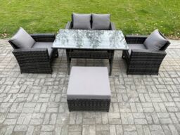 Fimous Wicker Outdoor Garden Furniture Set Patio Furniture Rattan Rectangular Dining Table Lounge Sofa Set in Dark Grey - thumbnail 1