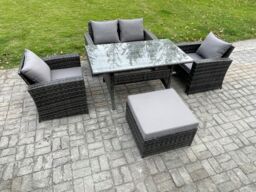 Fimous Wicker Outdoor Garden Furniture Set Patio Furniture Rattan Rectangular Dining Table Lounge Sofa Set in Dark Grey - thumbnail 2