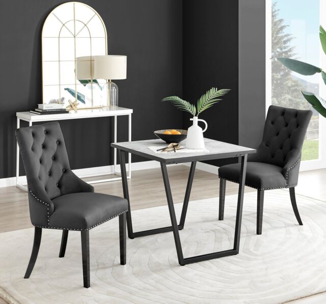 FurnitureboxUK Carson White Marble Effect Square Dining Table & 2 Velvet Belgravia Black Leg Chairs