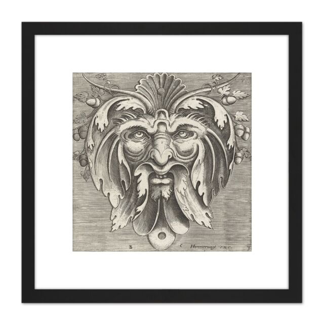 Artery8 Huys 1555 Decorative Ornamental Mask Design Engraving 8X8 Inch Square Wooden Framed Wall Art Print Picture with Mount in Black - image 1