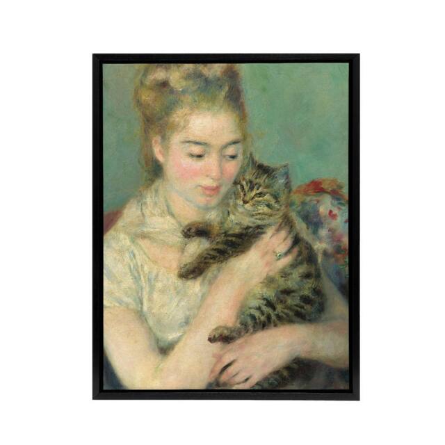 "Artery8 Woman with a Cat Renoir Vintage Black Framed Canvas Wall Art in Green - Size: W12"" x H16""" - image 1