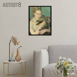 "Artery8 Woman with a Cat Renoir Vintage Black Framed Canvas Wall Art in Green - Size: W12"" x H16""" - thumbnail 3