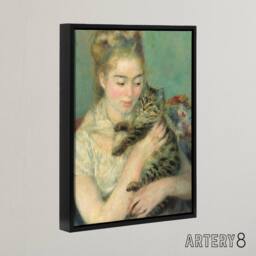 "Artery8 Woman with a Cat Renoir Vintage Black Framed Canvas Wall Art in Green - Size: W12"" x H16""" - thumbnail 2