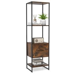Gymax 5-Tier Bookshelf With Drawer Tall Narrow Bookcase Display Shelves in Brown - thumbnail 1