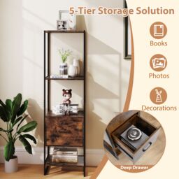 Gymax 5-Tier Bookshelf With Drawer Tall Narrow Bookcase Display Shelves in Brown - thumbnail 3