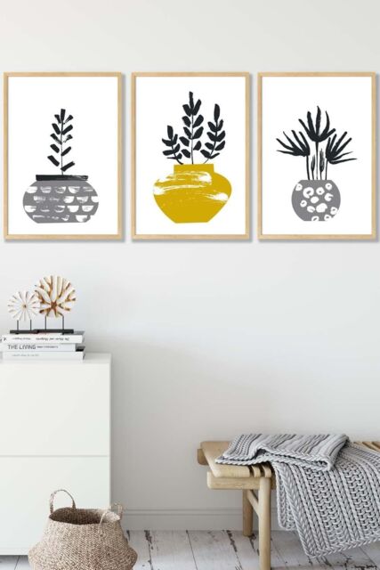 ARTZE Scandi Yellow Grey Cactus Pots Framed Wall Art - Medium in Light Oak - Size: W45 cm x H62 cm x D20mm - image 1